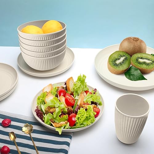 Miniatura 9 de Juego de vajilla de paja de trigo para 8, juego de platos de 32 piezas, platos irrompibles, cuencos, tazas para cocina, fiestas, camping, caravana,