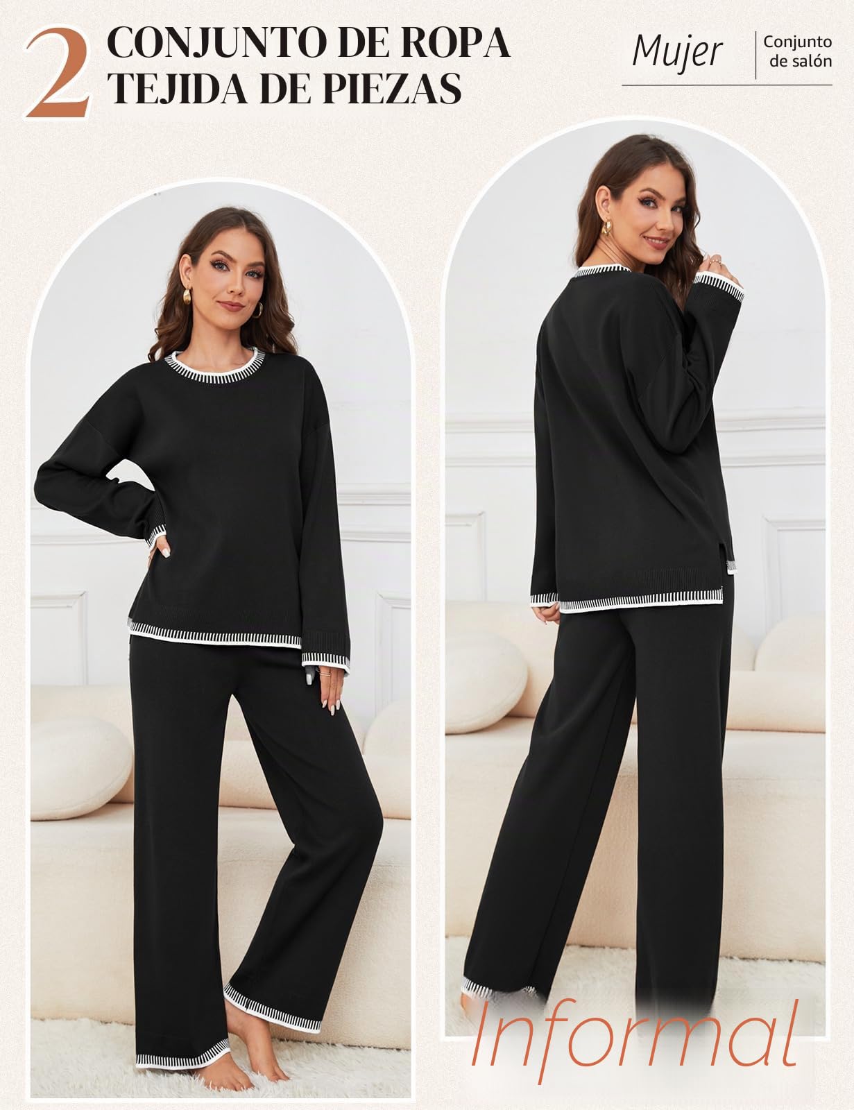 TOMEEK Conjunto Punto Mujer Dos Piezas Casual Chandal Completo Mangas Largas Tejido y Pantalones Suelto Cómodo Moda Conjunto De Pijama Salón Deportivo Color Sólido