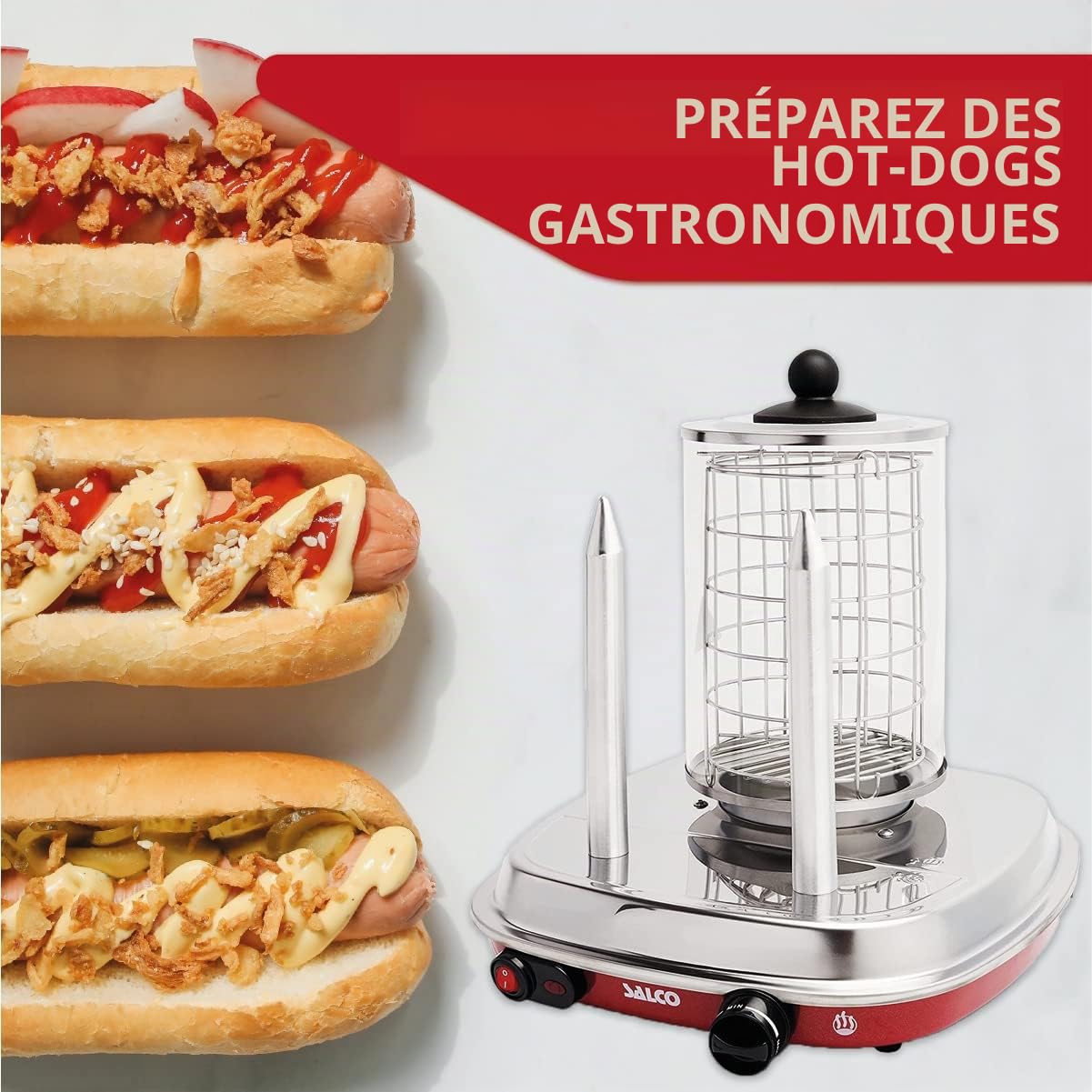 Salco Hot Dog Maker - Cuiseur vapeur de style rétro - 450 W - Avec contrôle thermique - Brochettes chauffantes pour 2 petits pains - Capacité du cylindre pour 8 saucisses - Boîtier en métal, cylindre