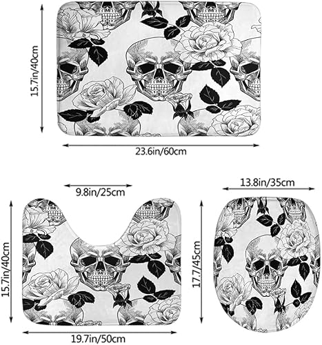 Miniatura 2 de WONDERTIFY Juego de 3 alfombras de baño con diseño de rosas de calavera y flores, diseño de hueso, diseño de horror, tapete de baño, contorno y tapa