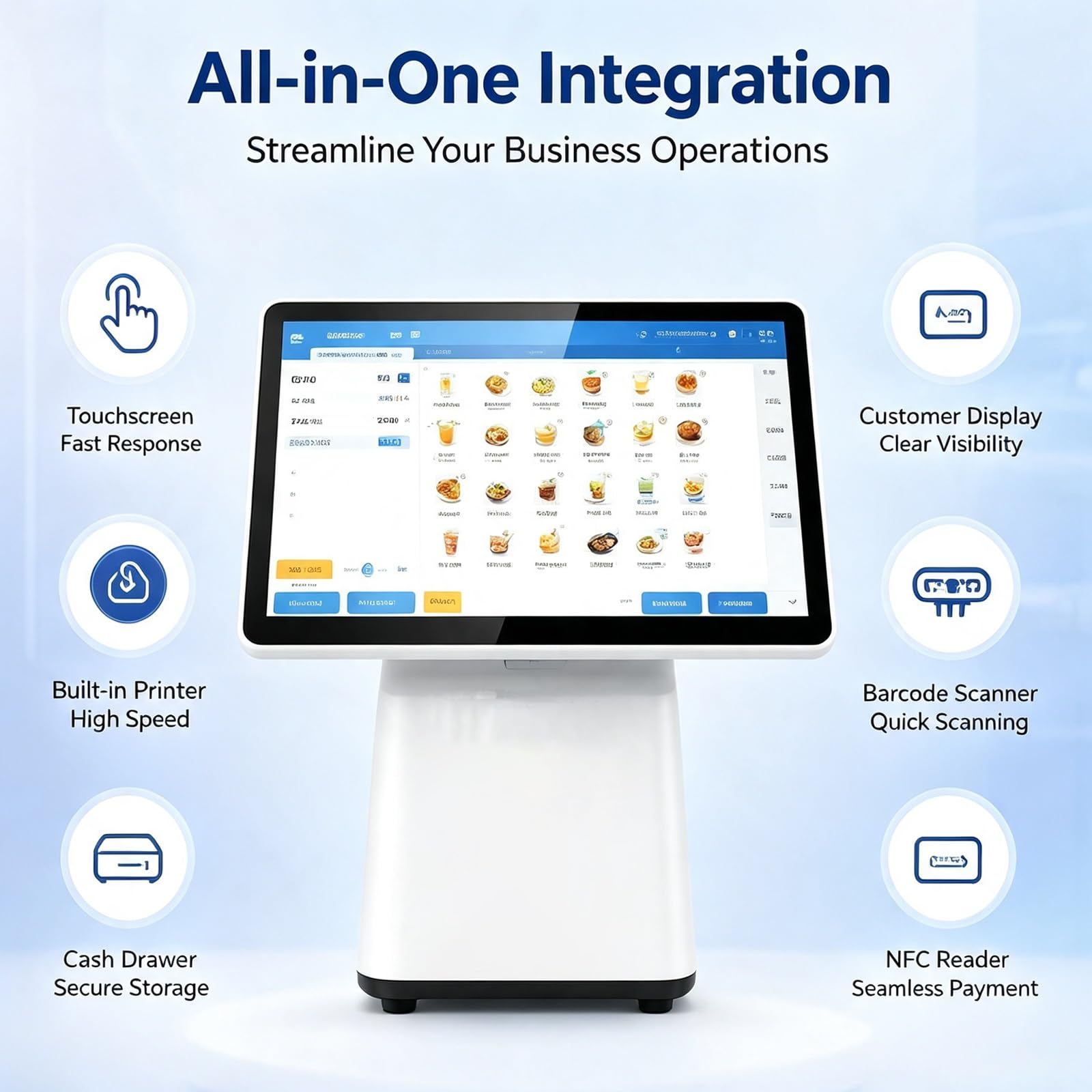 TPV para Pequeñas Empresas, TPV Inteligente Multifuncional | 15.6" Pantalla Táctil, 8GB RAM, 128GB SSD, Soporte Multi-Ángulo, para Tiendas de Alimentos(Single screen)