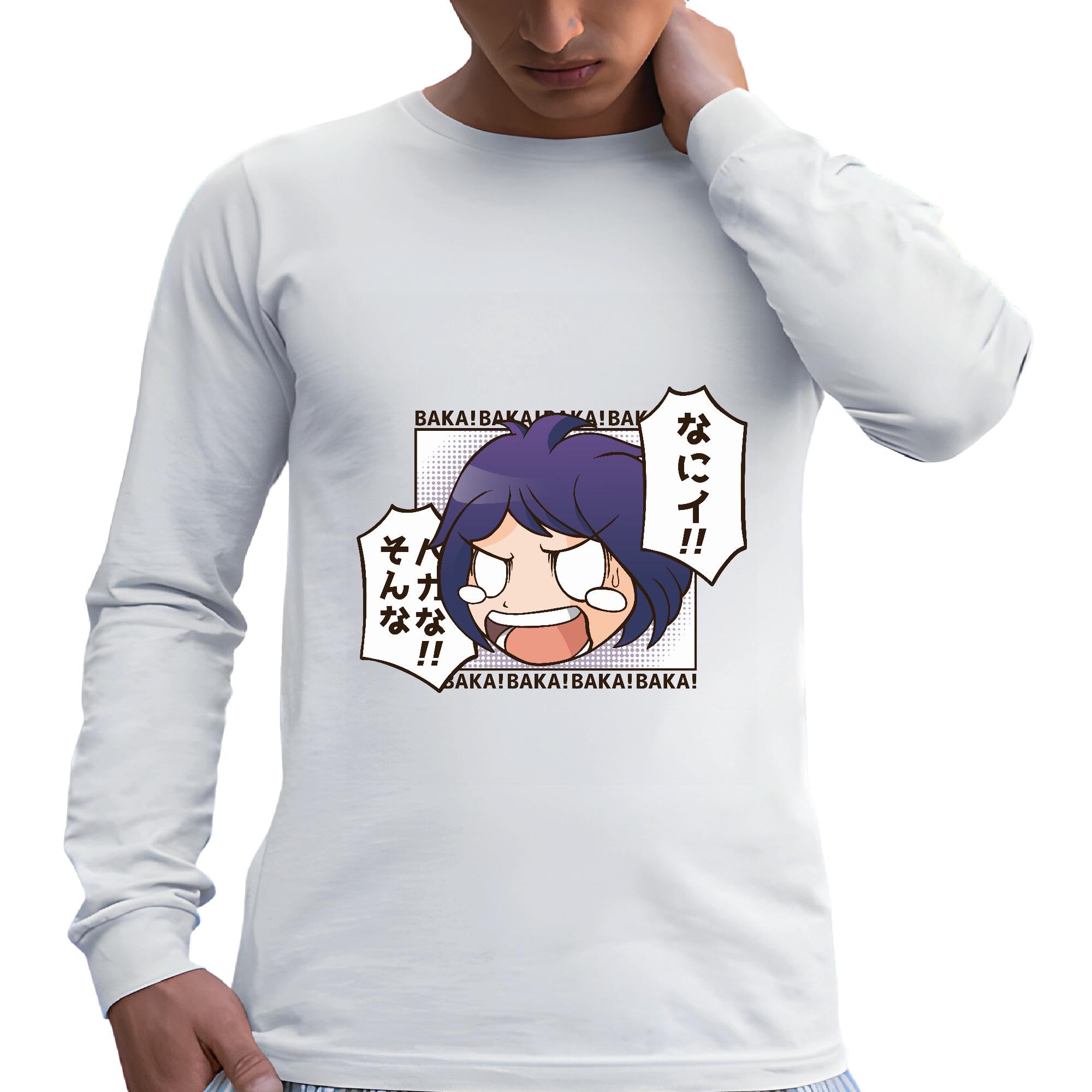 Anime Character Shouting Baka Gift for Anime Fans Grey and Muticolor Unisex Long Sleeve T Shirt