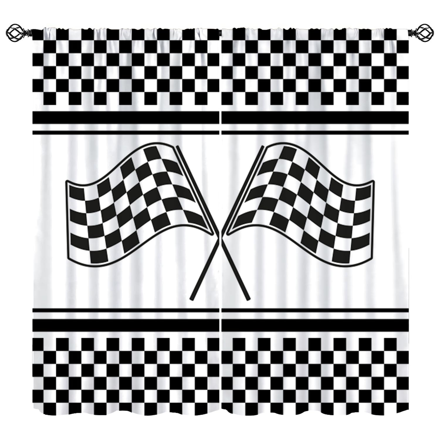 KANEPE Teens Boys Racing Curtains, Black White Checkered Flag White Background Window Treatments, Rod Pocket Thermal Insulated Drapes for Bedroom