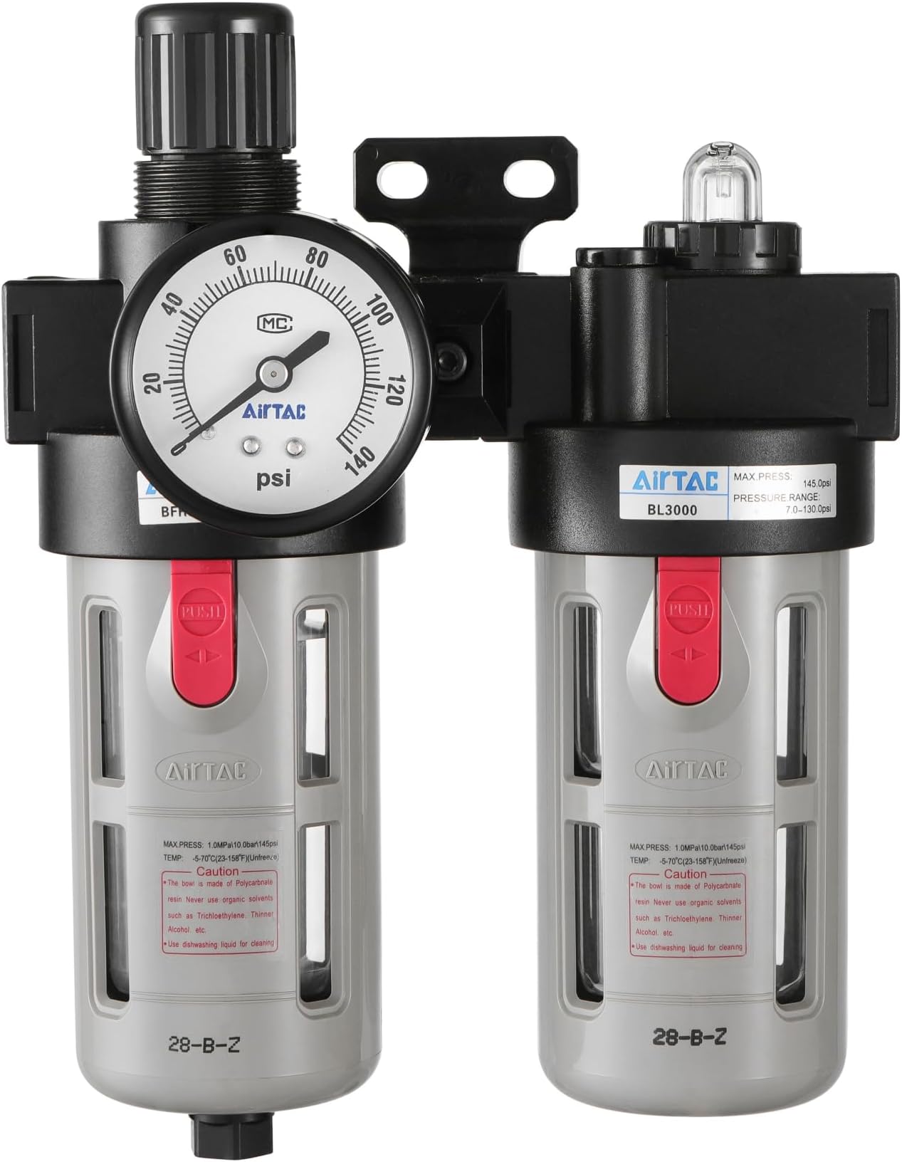 Compressed Air Filter Regulator Lubricator Combo Airtac BFC4000 1/2''NPT 0-140 PSI with Pressure Gauge Semi-Auto Drain 3 in 1 Two FR.L Unit