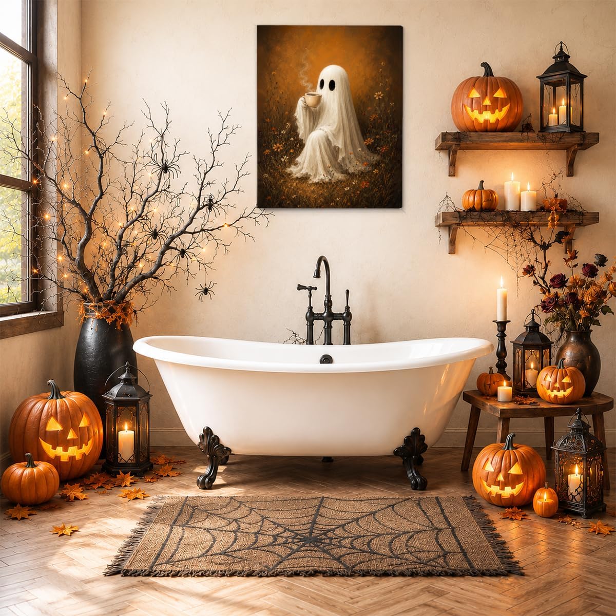Vintage Halloween Ghost Wall Art, Cute Ghost Drinking Coffee Fall Poster, Autumn Floral Canvas Prints for Living Room Bedroom Bathroom Wall Decor 8x10 Inches Framed