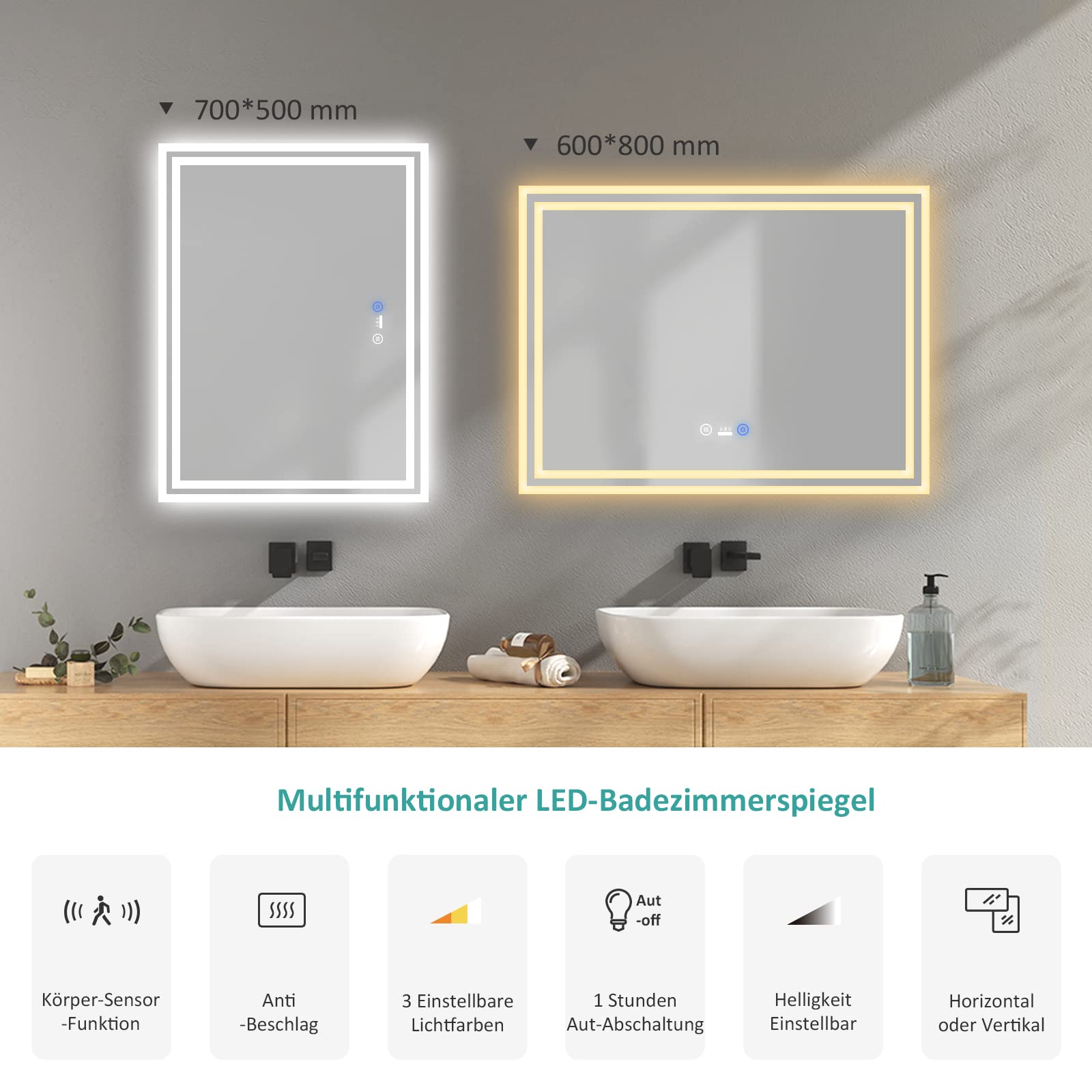 EMKE Sensor Spiegel mit Beleuchtung 80x60cm, Beschlagfrei
