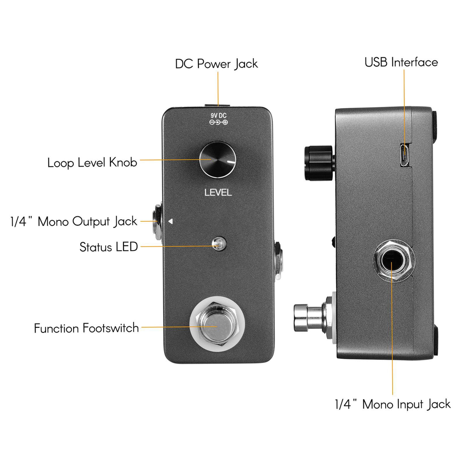 Pédale d'effet Mini Looper Mtlavishness pour guitare et basse avec overdubs illimités, temps de boucle de 5 minutes et interface USB, qualité sonore professionnelle, violet, (Gris foncé)