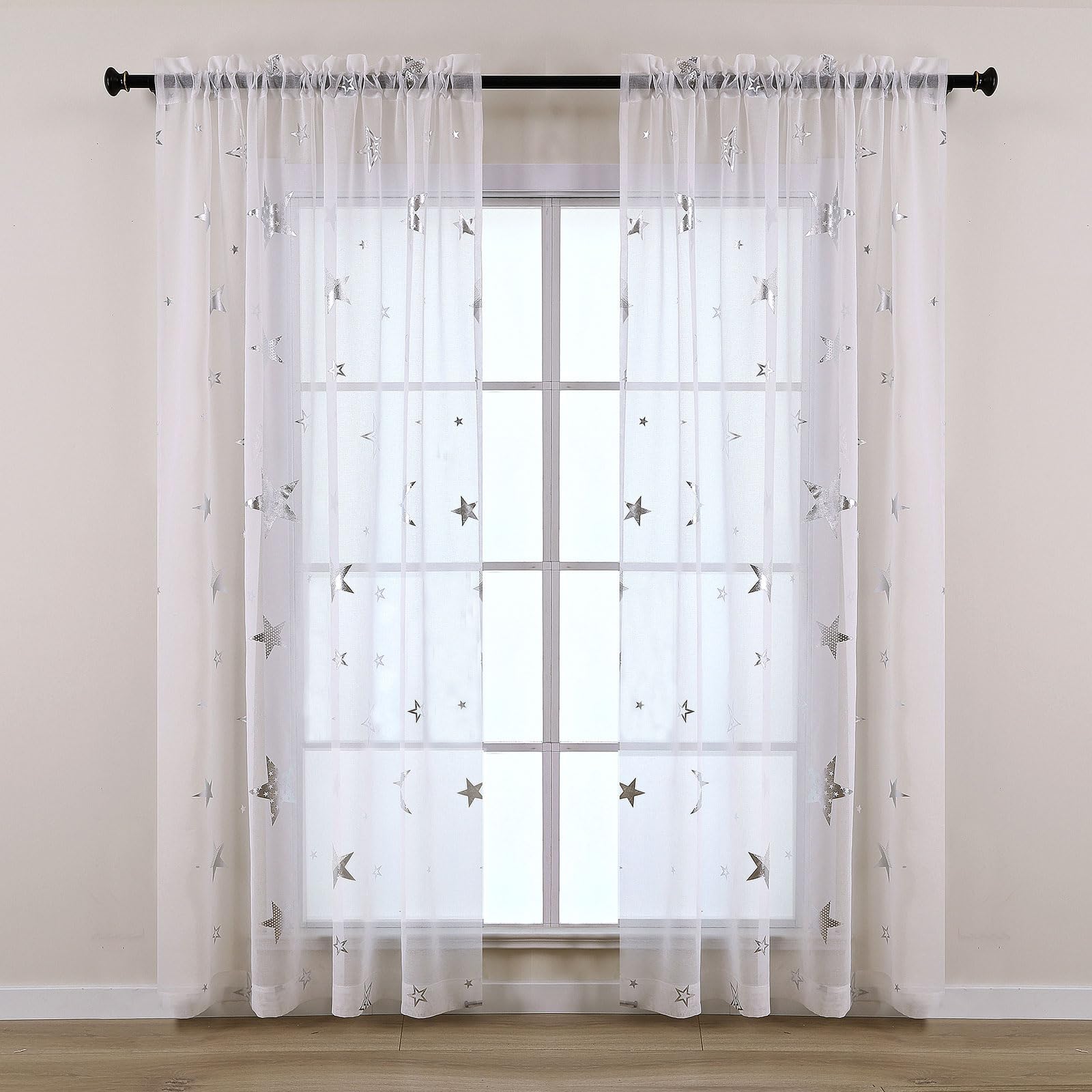 L.Z.E White Sheer Curtains 84 Inches Long 2 Panels for Living Room Nursery, Cute Silver Star Sheer Curtains with Rod Pocket for Kids Room, Light Filtering Window Drapes for Home Decor