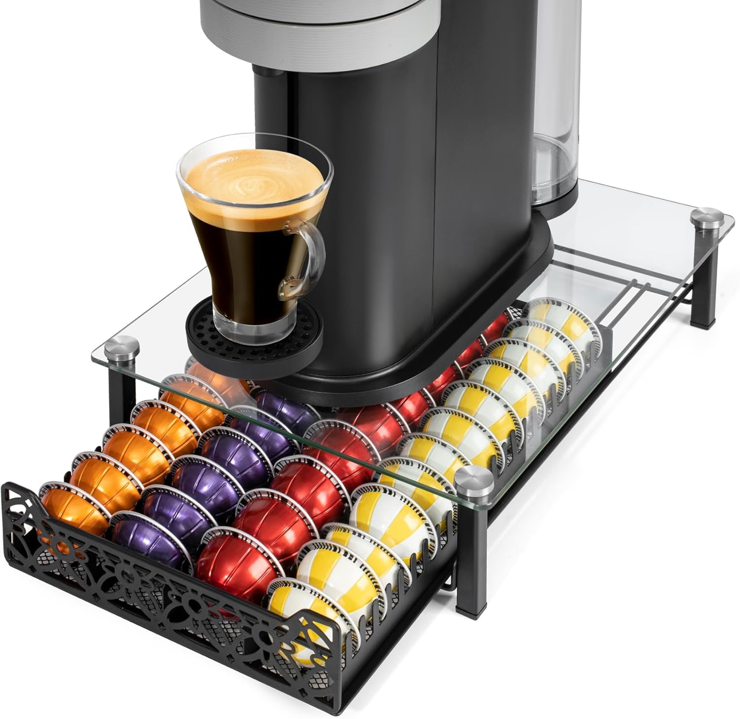 RECAPS Organizer aus gehärtetem Glas, kompatibel mit Nespresso-Vertuo-Kapseln, K-Pod-Schublade, Kaffeemaschinen-Ständer