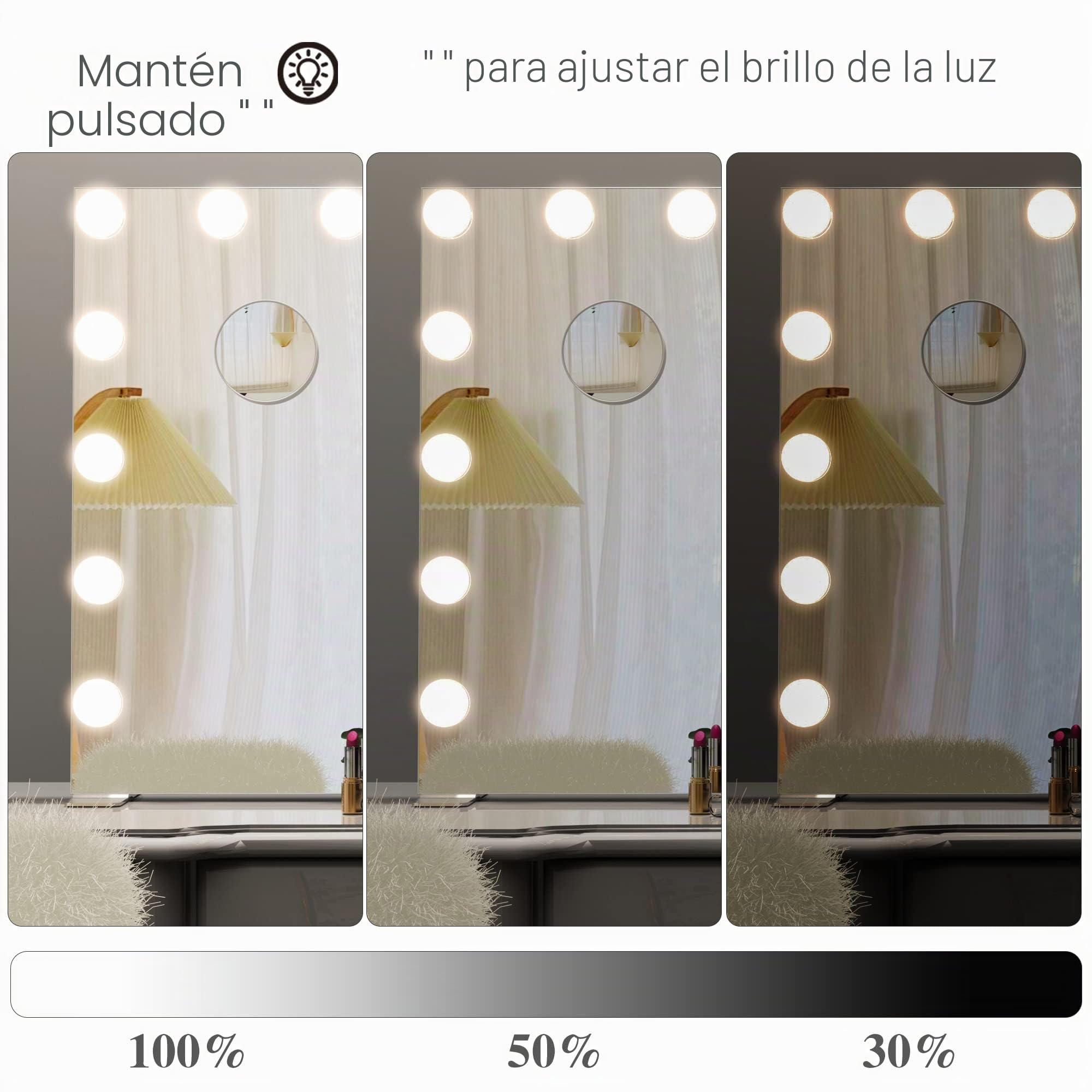Espejo de tocador Grande con Luces, 91 x 61 cm, Espejo Iluminado Hollywood con Luce para Maquillaje, Luces Regulables con 3 ajustes de luz de Color, Plateado