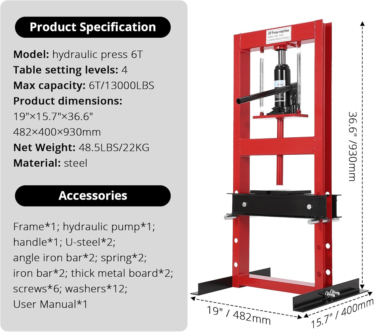 6-Ton H-Frame Hydraulic Press with Adjustable Table & 2 Press Plates, Heavy-Duty Shop Press for u-Joints, Metal Bending, and Garage Repairs