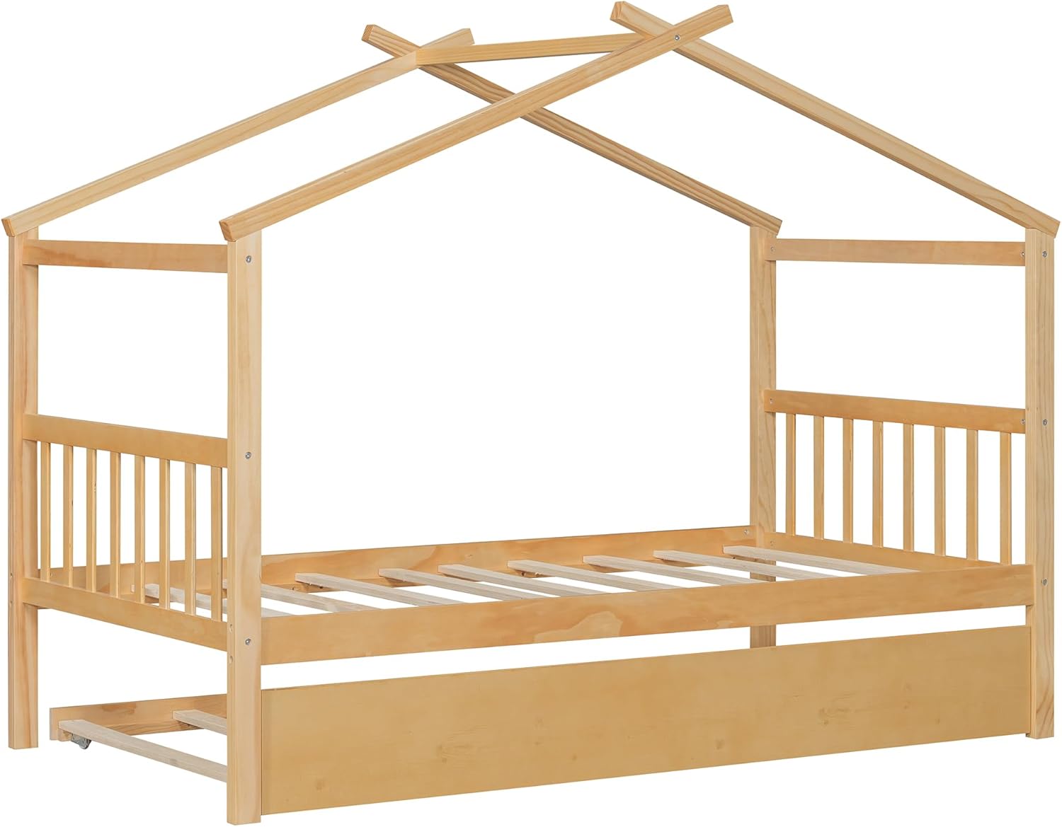 Twin Size Wooden House Bed with Trundle, Kids Twin Montessori Bed with Roof, Solid Wood Platform Bed Frame with Rails, Playhouse Trundle Beds, No Box Spring Needed, Easy Assembly, Natural