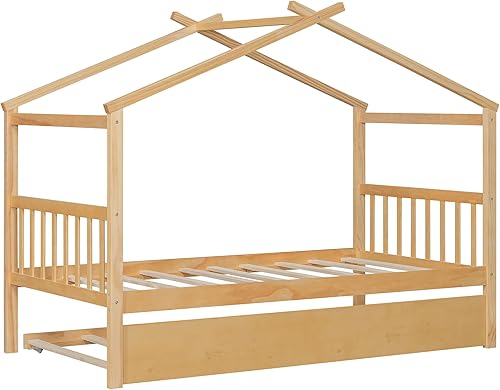 Miniatura 241 de Merax Cama de madera de tamaño individual con dos cajones, marco de cama de madera con techo para niños, adolescentes, niños o niñas, gris