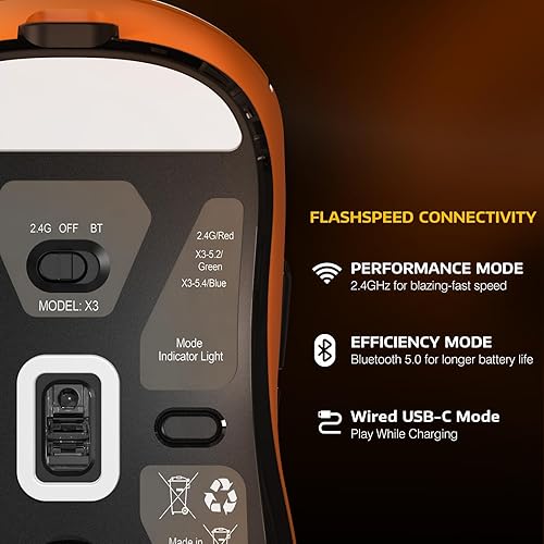 Miniatura 4 de ATTACK SHARK X3 Mouse Inalámbrico para Juegos, Mouse Ergonómico para Computadora de 1.73 oz, Triple Modo Sensor Óptico PAW3395 de 26K DPI, Duración