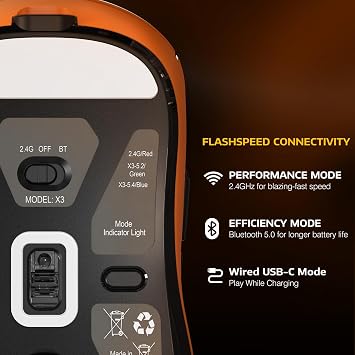 ATTACK SHARK X3 Superlight Kablosuz Gaming Mouse – 49g Ultra Hafif Fare, 26000 DPI PixArt PAW3395 Sensör, BT/2.4G/Kablolu Üçlü Mod, 200 Saat Pil Ömrü, PTFE Ayaklar, PC/Xbox/PS/Mac – Orange