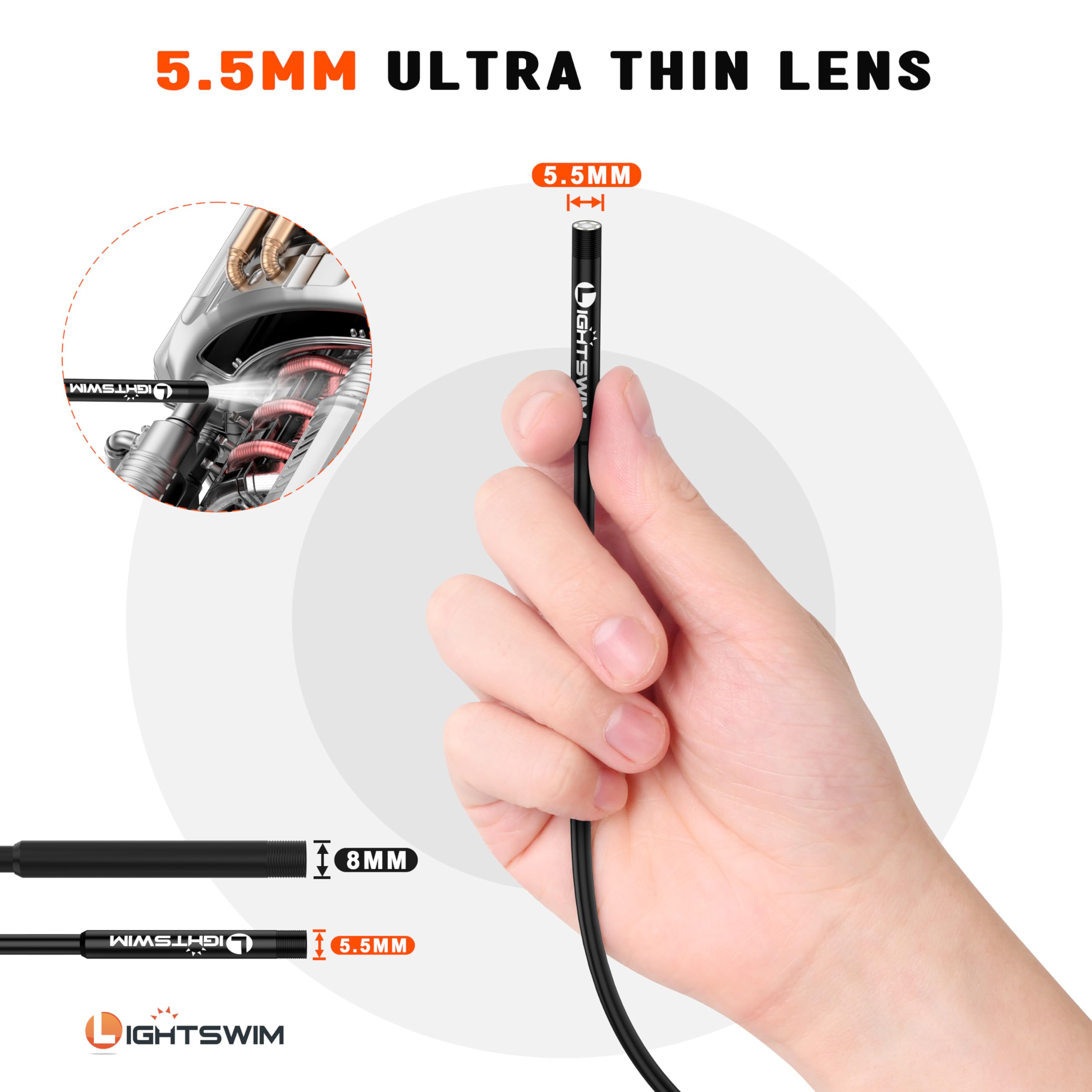 5.5MM 1920P Endoscope Snake Inspection Camera, Lightswim Type C Borescope, Scope Camera with 8 LED Lights for Android and iOS Smartphone, iPhone, iPad, Samsung (16.5 FT/5M) — Amazon image 2