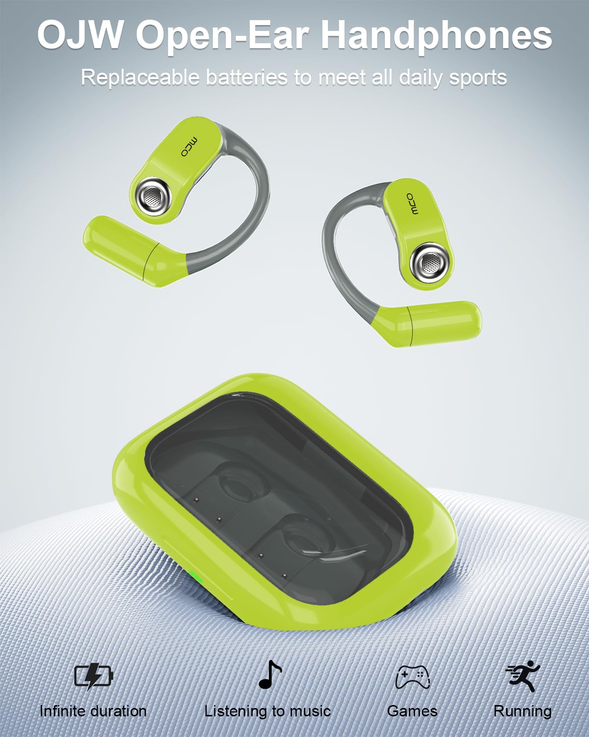 OJW Open-Ear Kopfhörer, Endlos Musik Hören mit Wechselakku | Wechselbarer Akku, 45° Ergonomische Passform, Ohrnaher Sitz, IPX7 Wasserdicht, Ideal für Langzeitnutzung