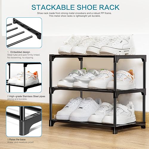 Miniatura 4 de Zapatero pequeño apilable para armario de 3 niveles, organizador resistente para puerta delantera, entrada y entrada, estante de metal para zapatos,