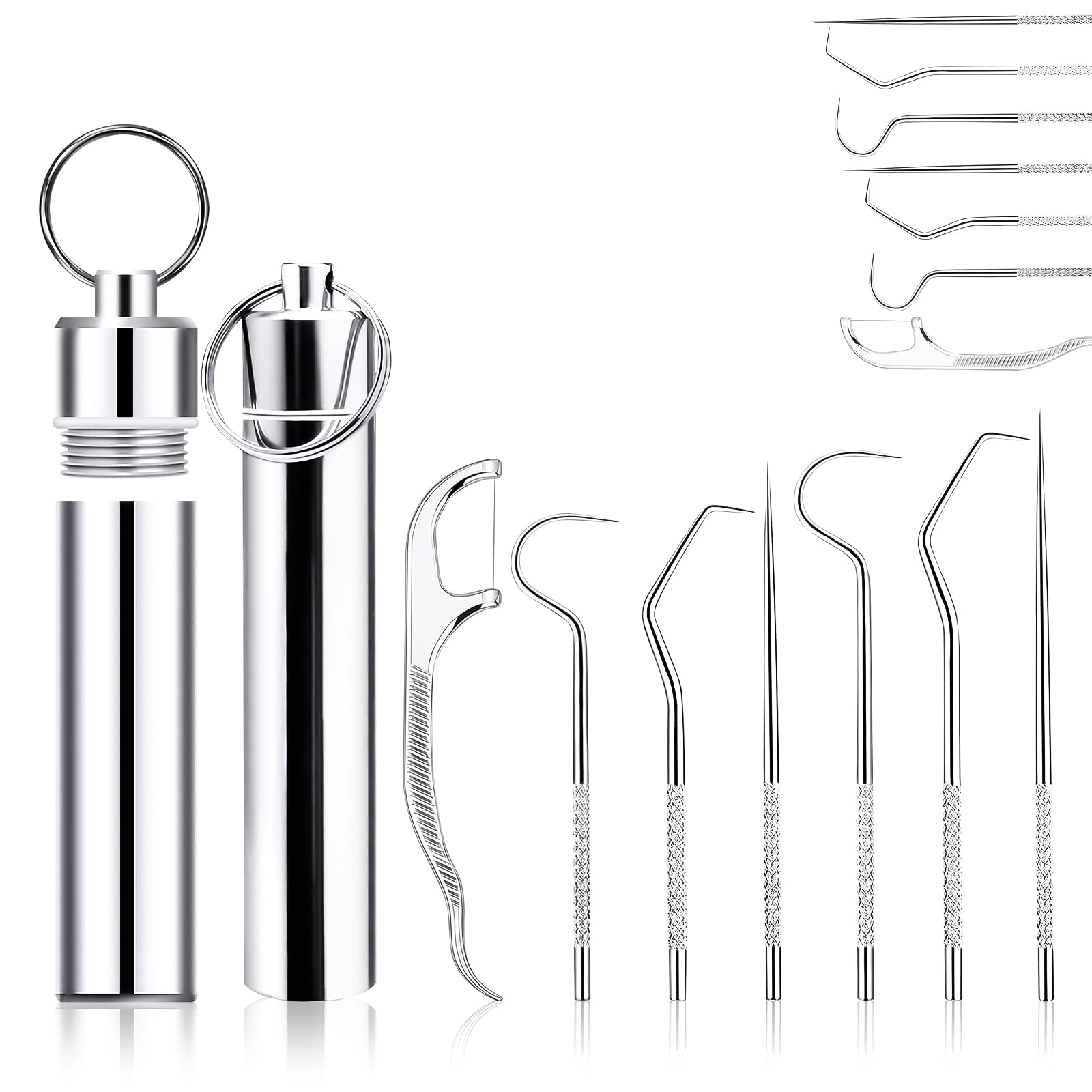 Ubitree 7pcs Portable Stainless Steel Toothpicks Pocket Set, 2 Sets Reusable Metal Toothpicks Cleaning Kit with Metal Storage Can Holder for Outdoor Picnic Camping Traveling