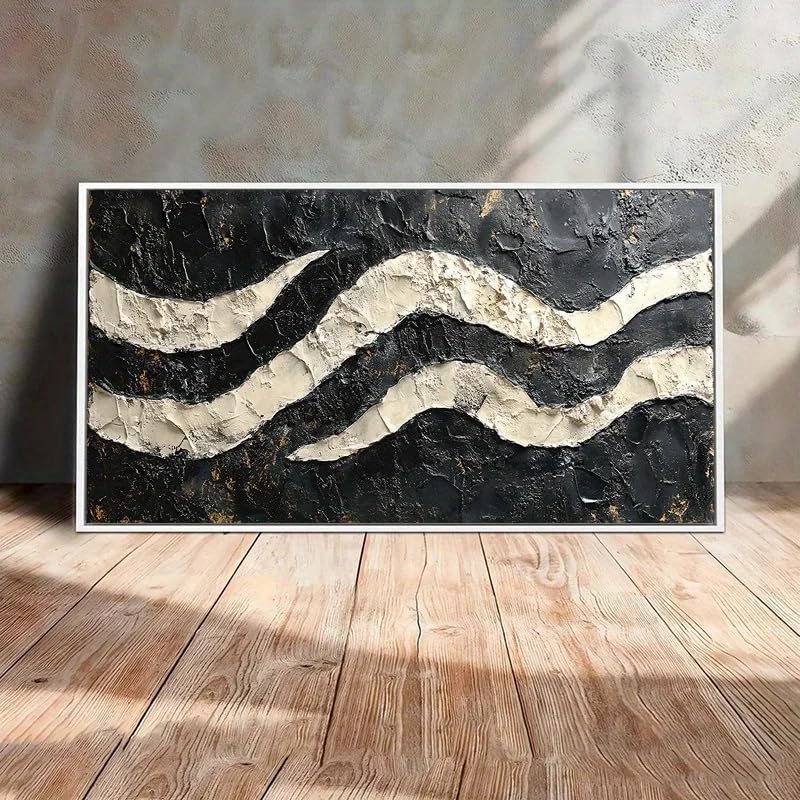 Vague noire et blanche impression sur toile 50x100 cm avec cadre intérieur pour salon