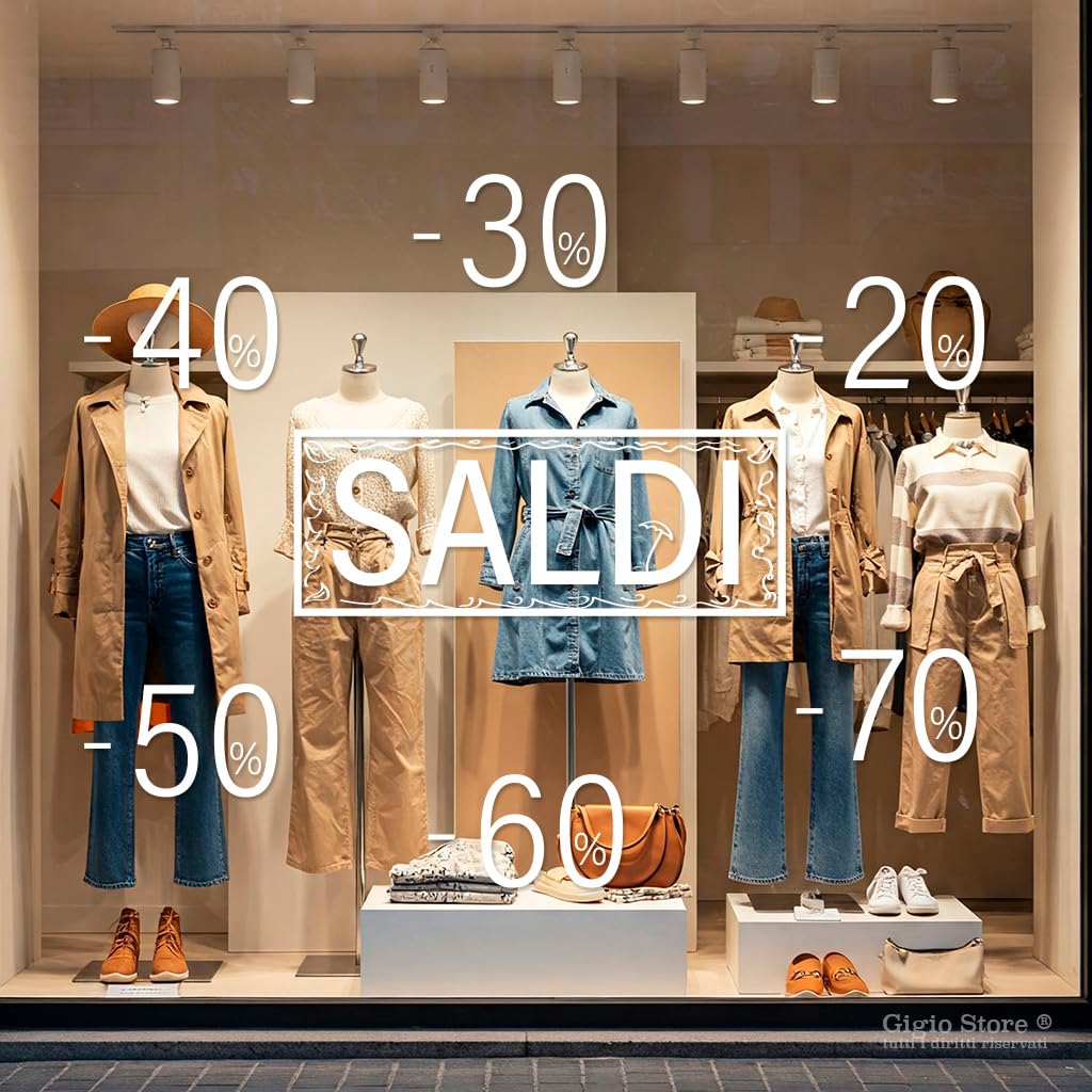 KIT Adesivi Saldi Estivi per Vetrine Negozi - Vetrofania Intagliata Senza Sfondo - Scritte Saldi con Percentuale Sconto - Bianco Rimovibile Facile Applicazione