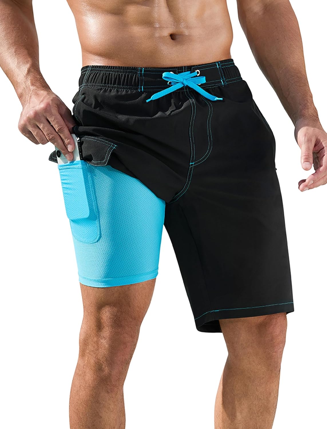 SILKWORLD Mens Swim Trunks with Compression Liner Quick-Dry 10" Stretch Beach Shorts 34 Black & Blue image 2 of 7 B0CQP9C9QP