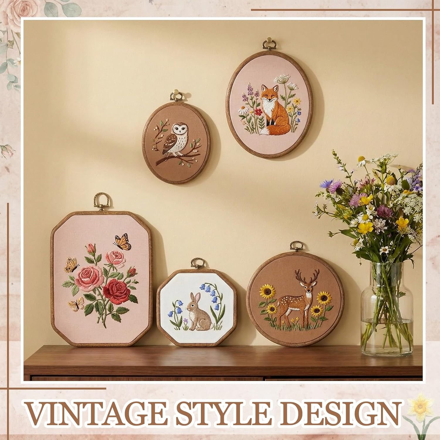 Tudomro 21 Pcs Embroidery Kit 9 Embroidery Hoop Frame 12 Fabric, Lmitated Wood Decorative Embroidered Hoop Circle Oval Octagonal Cross Stitch Hoops for Display Sewing Craft Hanging Ornament(3 Colors)