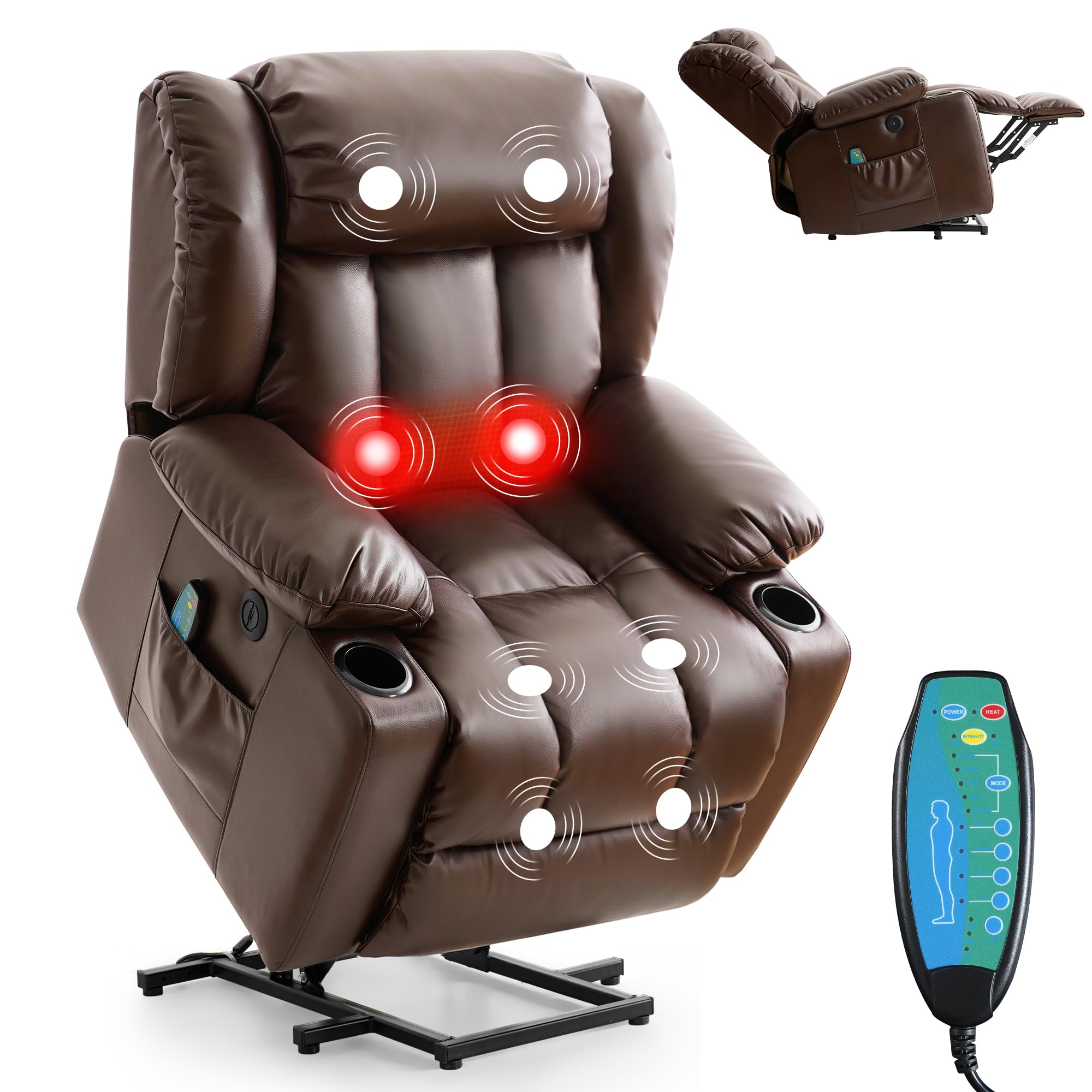 DUANDUAN Aufstehsessel mit flüsterleisem Motor, Liftsessel für Senioren | Elektrisch verstellbar, Lendenheizung, 8-Punkt-Massage, USB-Laden, wasserabweisendes Leder, einfache Montage
