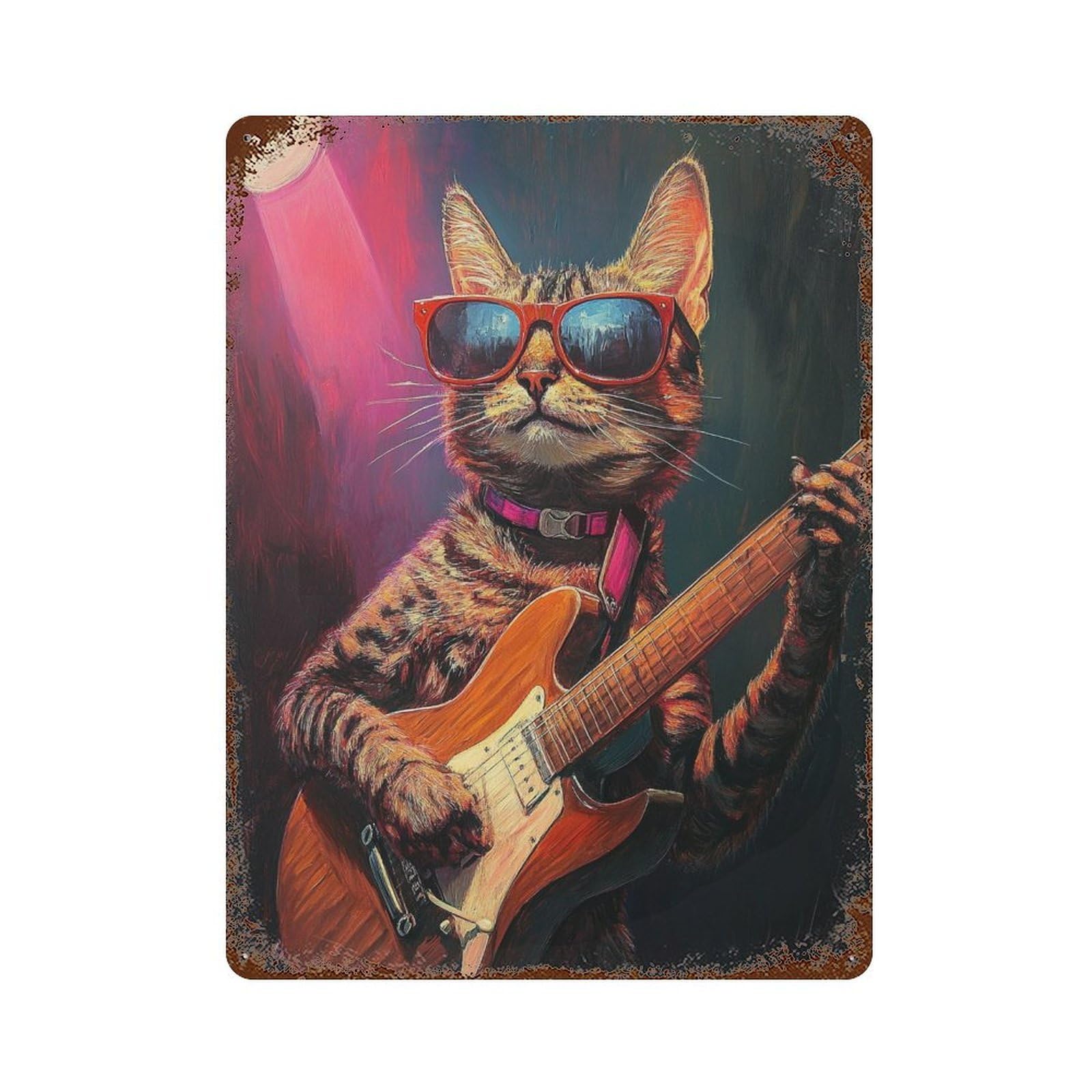 Rock Star Cat Guitarist -1 Weathered Tin Sign 15.7"x11.8", for Basement, Hobby Room And Garage Decor, Rustic Home Decor