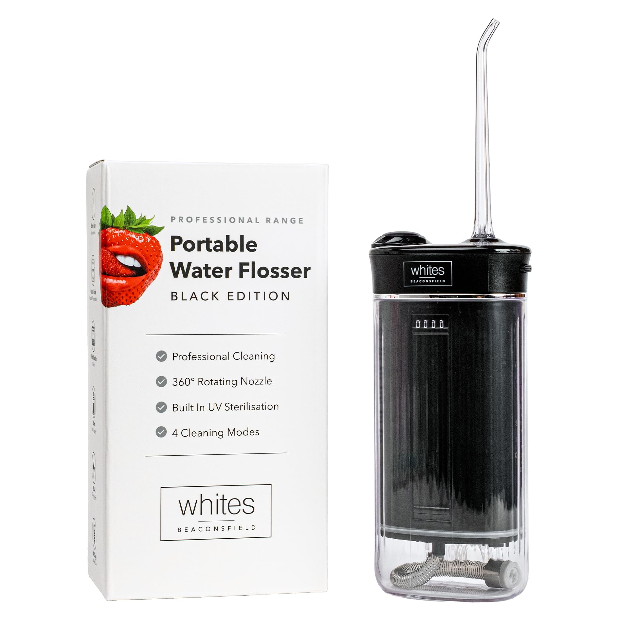 Whites Beaconsfield Irrigador Bucal Portátil Eléctrico 230 ml(Negro) - Irrigador Dental Portátil con Modos Ajustables - Irrigador Oral para Dientes y Encías, Ideal para Viaje y Hogar - recargable