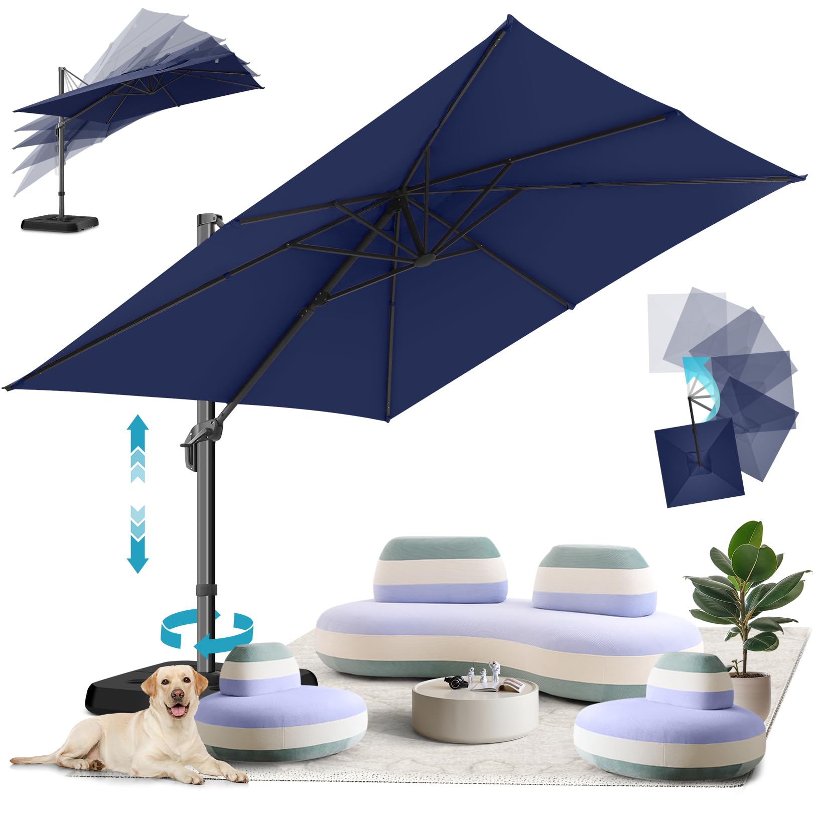 HOTIME Sombrillas voladizas grandes de 10 x 10 pies para patio, mejora e intensifica, con rotación de 360 grados y ajuste de 5 ángulos, sombrilla cuadrada de aluminio para piscina, patio, jardín