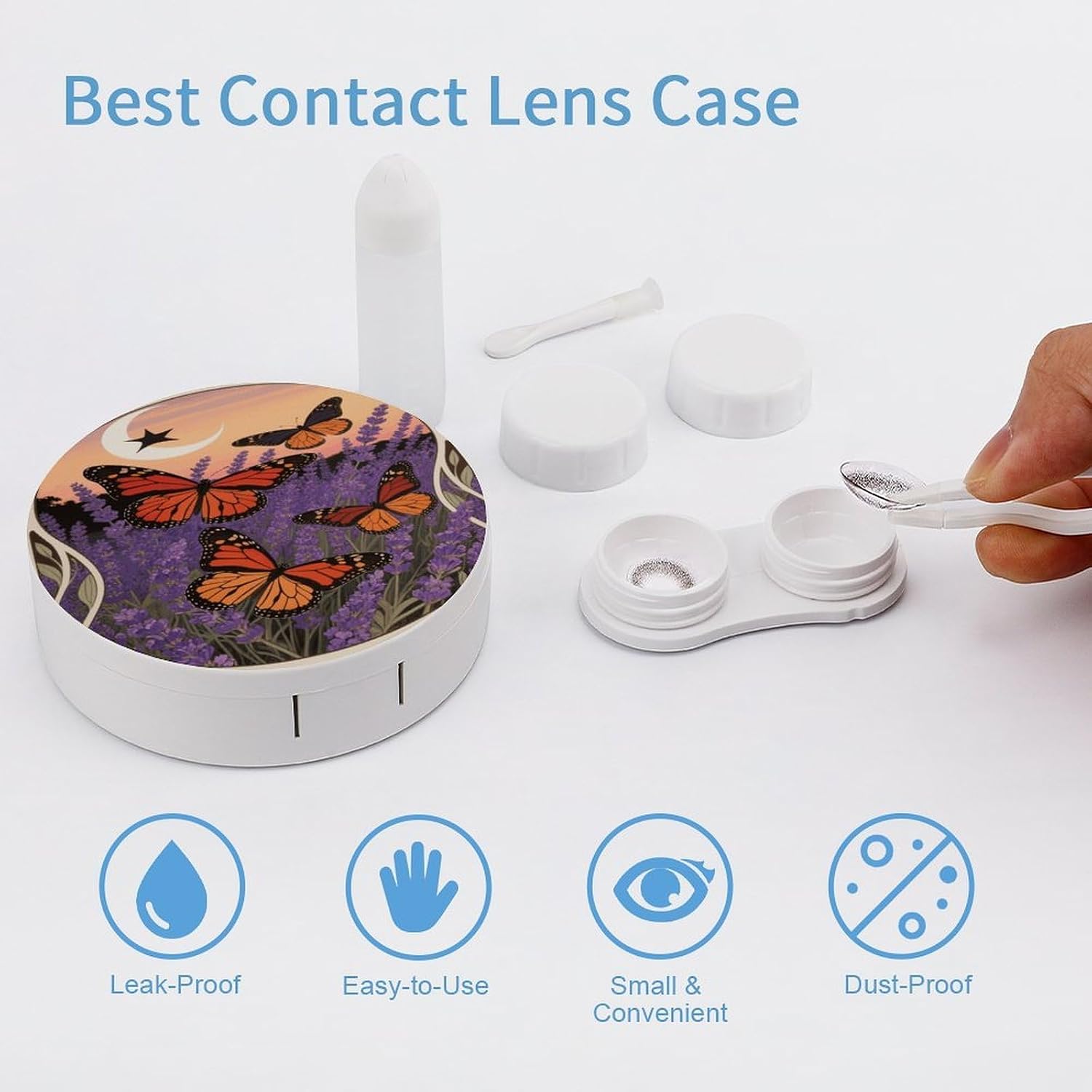 Fluttering Butterflies Contact Lens Case with Cleaner Washer Cute Contact Lens Soak Storage Holder Container with Mirror Mini Portable Contact Lens Box Set for Travel Outdoor Use