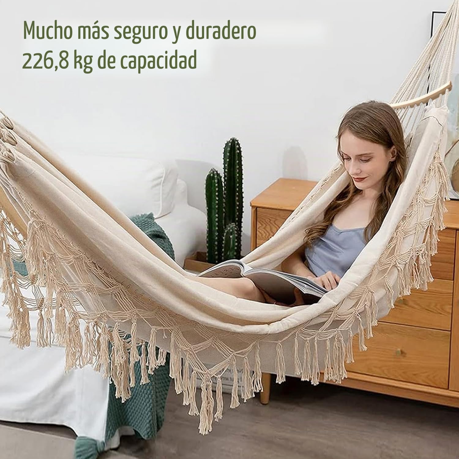 Hamaca Jardin Silla Colgante Exterior Hamaca Colgante Boho con Flecos und Bolsa y Travesaño, Hamacas Colgantes de Carga 440lbs, Hamacas Jardin Portátil para Exterior Interior Balcón Patio (Beige)