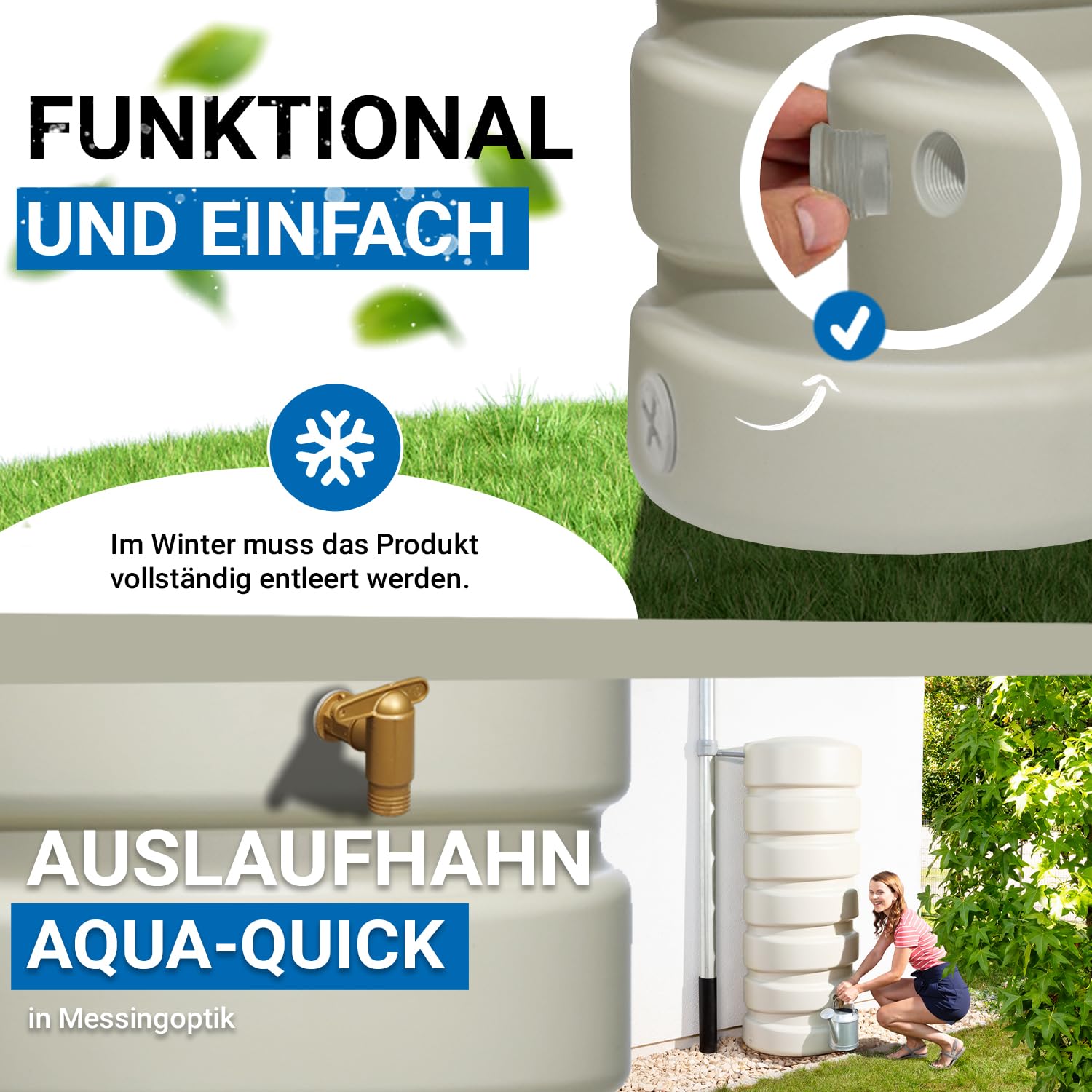 4rain Classic Regentonne-Set 2600 L sandbeige, 4 x Classic 650 Liter | inkl. Verbinder, Wassertank, Fass, Regenfass, Regenwassertonne, Regenwassertank, Wasserbehälter, Wassertonne, Wasserfass