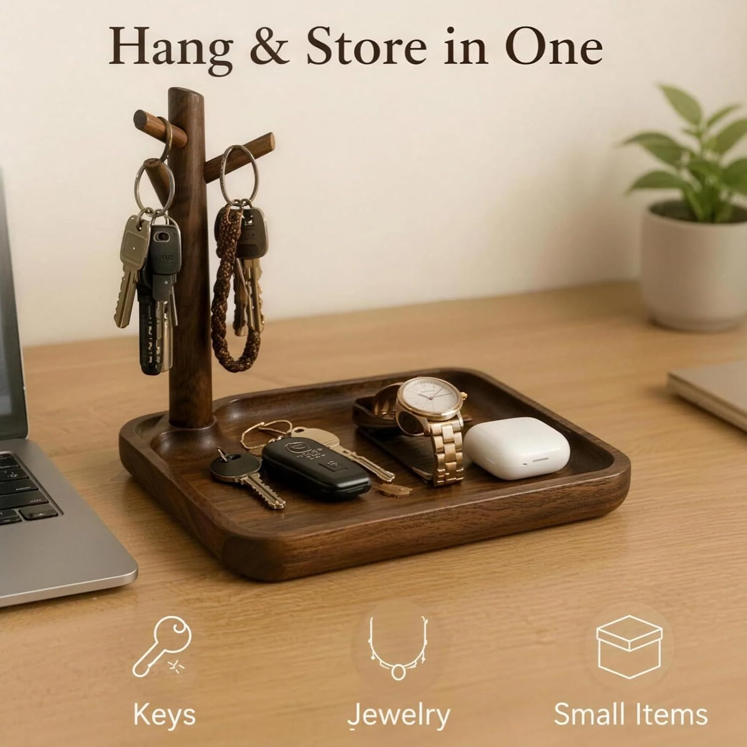 Walnut Tray, Entryway Key Organizer with Tree Hooks for Keys and Jewelry