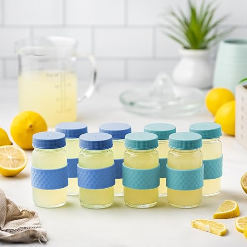 Miniatura 6 de Recipientes para chupitos de jugo, vidrio, transparentes, 2 onzas, tapas de colores y bandas de agarre de silicona, almacenamiento de bebidas,