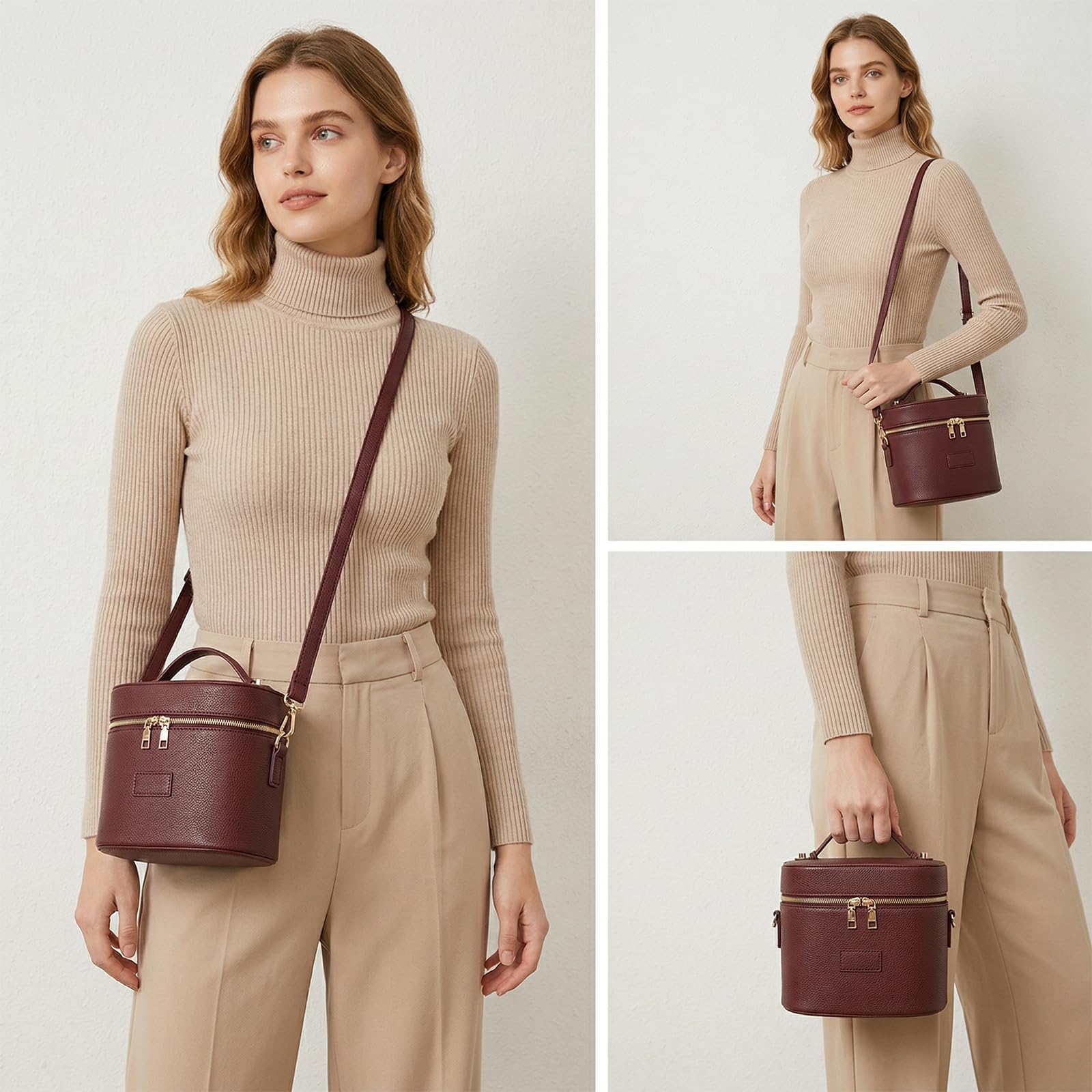 Kosmetiktasche Damen, Make Up Tasche für Frauen – Leder Vanity Case mit herausnehmbarer Trennwand, Waschbare Fächer