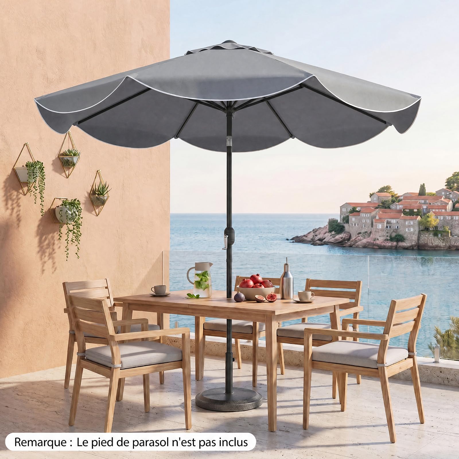 RELAX4LIFE 2,7M Parasol Inclinable à Volants pour Terrasse Balcon Piscine, Parasol de Jardin Extérieur à 8 Baleines, Protection UV, Polyester Résistant, Manivelle, Loquet de Sécurité, Attache (Gris)