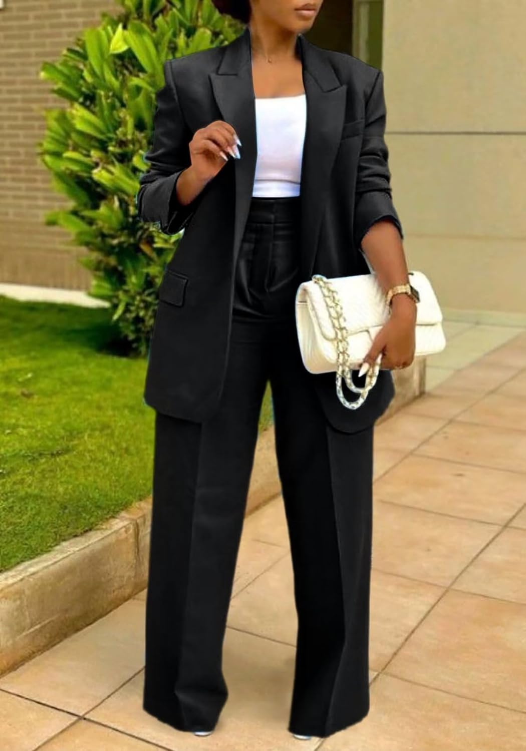 LROSEY 2 Piece Outfits for Women Dressy Double Breasted Blazer Jackets High Waisted Wide Leg Pants Suits Set Casual Business - Image 6