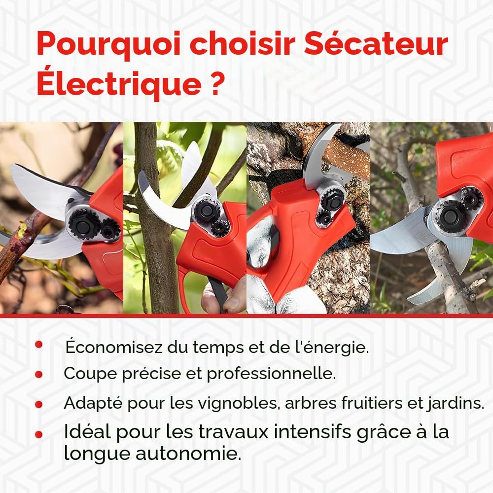 Sécateurs électriques avec 2 batteries de 48V et mallette, cisailles portables professionnelles – Découpe précise et assistance batterie immédiate (Rouge)