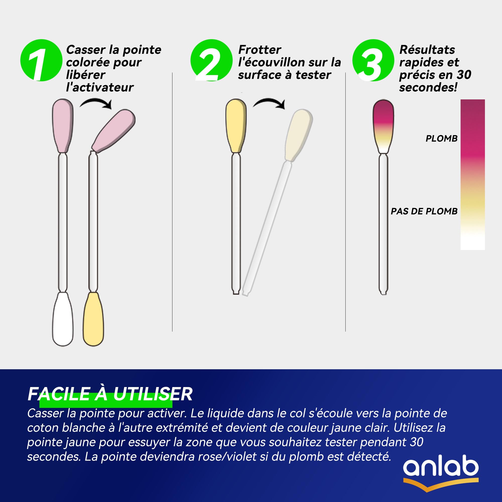 Kit de test de plomb | Résultats rapides en moins de 30 secondes | Tout-en-un, pas besoin de vinaigre | Vérifiez le plomb dans les surfaces peintes, le bois, le métal et plus | Cotons-tiges