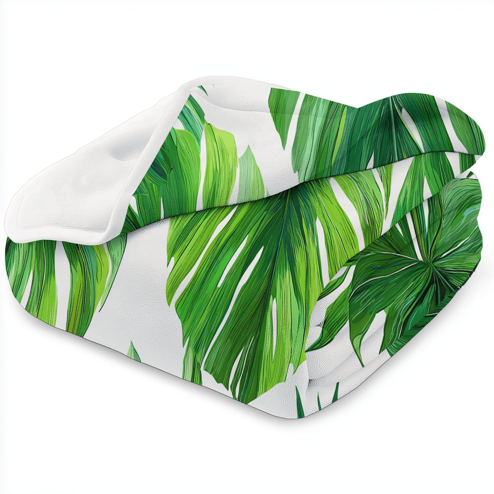 Koc Sherpa 150 x 200 cm liście palmowe z motywem natury pled ciepły i wygodny, puszysty i miękki koc zielony, dwustronny, przyjazny alergikom, na krzesło sofa łóżko biurowe