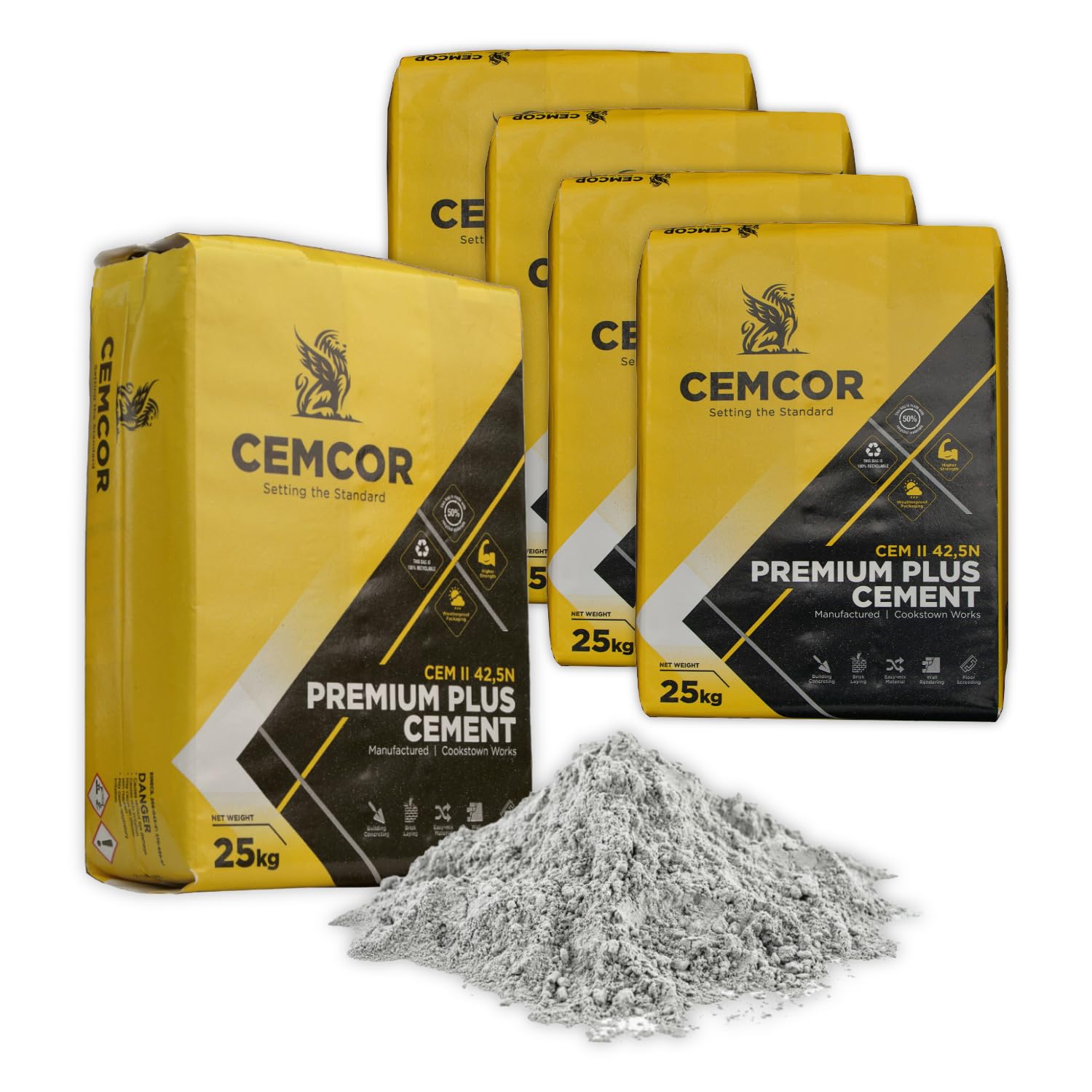 125kg Cemcor High Strength Premium Ready Mix Cement 42.5N - For Structural Concrete Reinforced Foundations Pre Cast Elements Pouring Concrete Slabs Preparing Mortar For Masonry Work - 5 x 25kg Bags