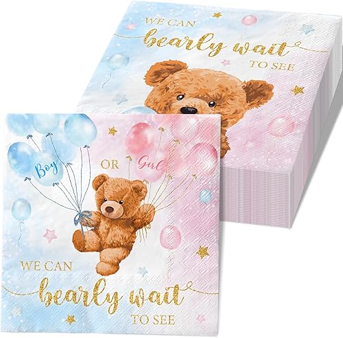 Servilletas de baby shower, 40 unidades, oso azul y rosa, decoración de baby shower, servilletas de oso de peluche, servilletas de papel de postre