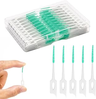 ACSKD Dental Floss Picks 200 Count - Soft Rubber Brush Head, Dual-Ended Interdental Brushes with Travel Case for Braces & Sensitive Gums (Green)
