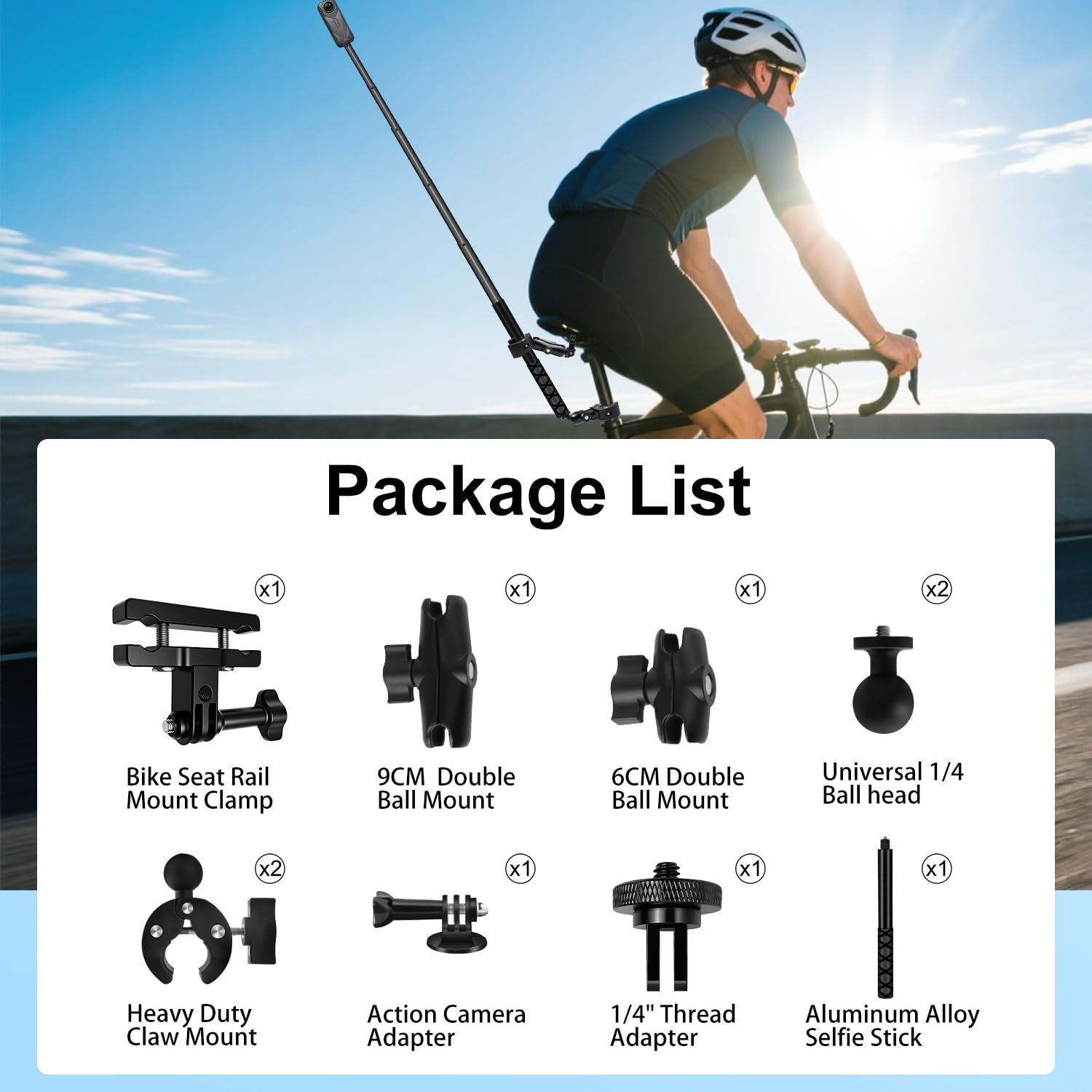 Fahrrad Heck Halterung Kit mit 47''Unsichtbarer Selfie-Stick kompatibel mit Insta360 X5-X,Doppelte Fahrrad Lenker Klemme kompatibel mit DJI OSMO 360/Action 5 4 3 Radfahren Motorradfahren UTV Vloggen