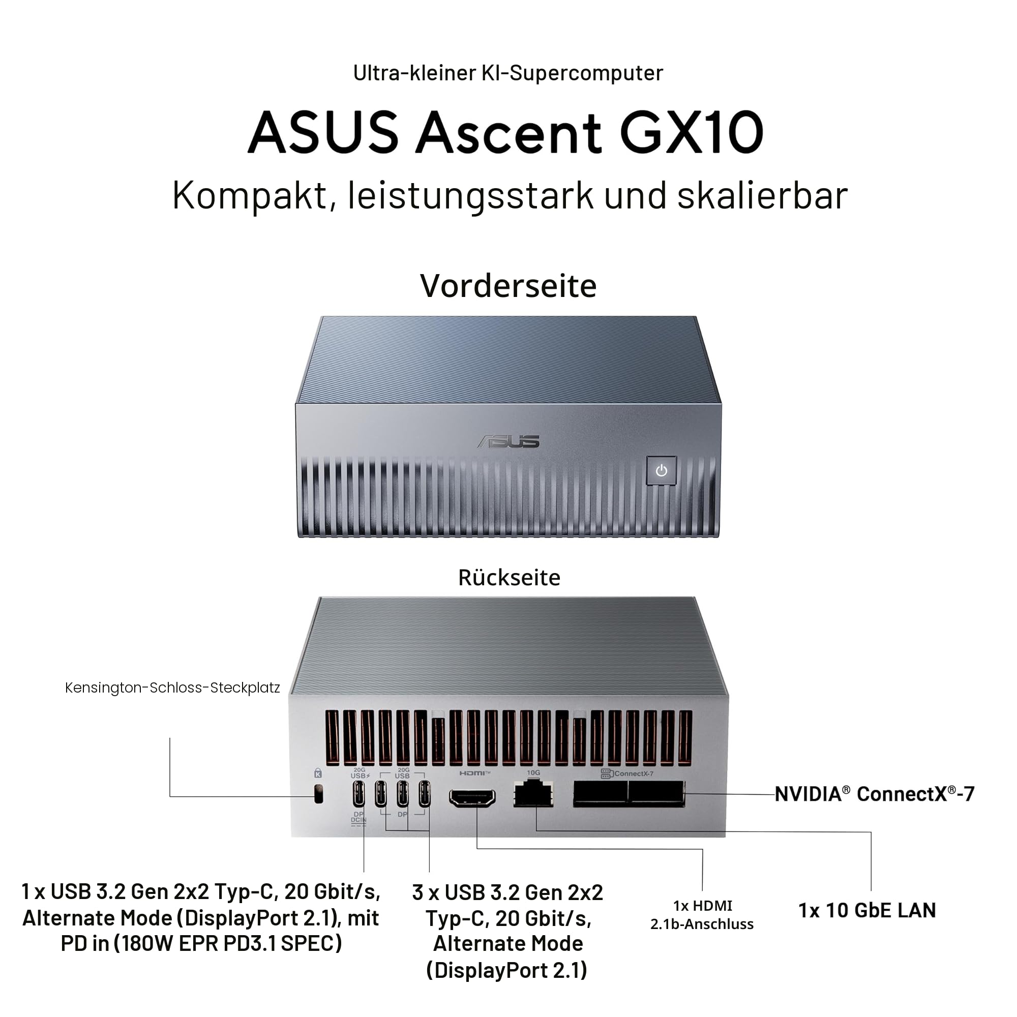 ASUS Ascent GX10-GG0003BN 1TB KI Supercomputer (NVIDIA GB10 Grace Blackwell Superchip, 1 petaFLOP KI-Leistung, 128 GB Speicher, DGX Spark, NVLink-C2C, ConnectX-7, kompakt)