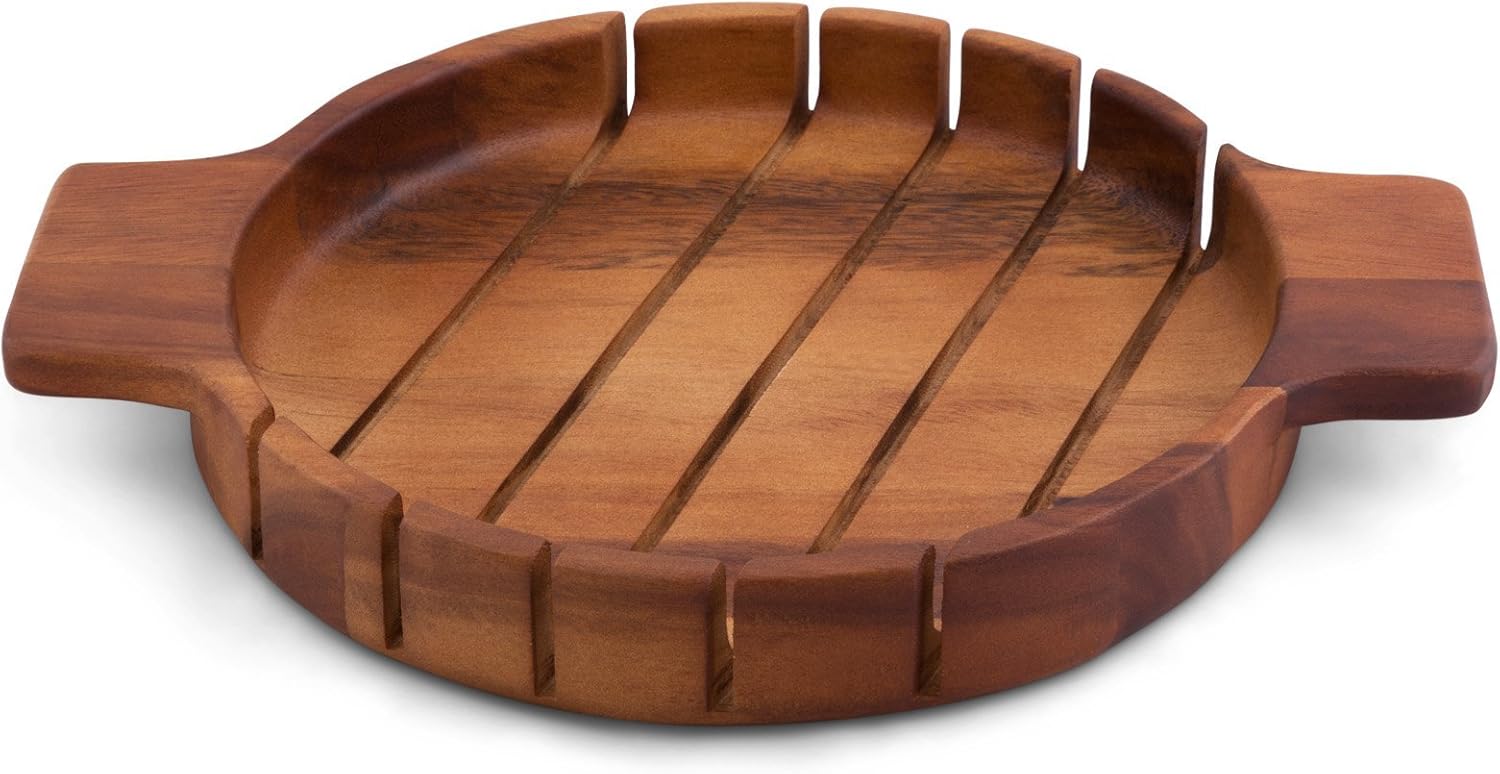 Acacia Wood Round Loaf Slotted Cutting Guides Mitered Bread Board by Arthur Court 14.25 inch Long