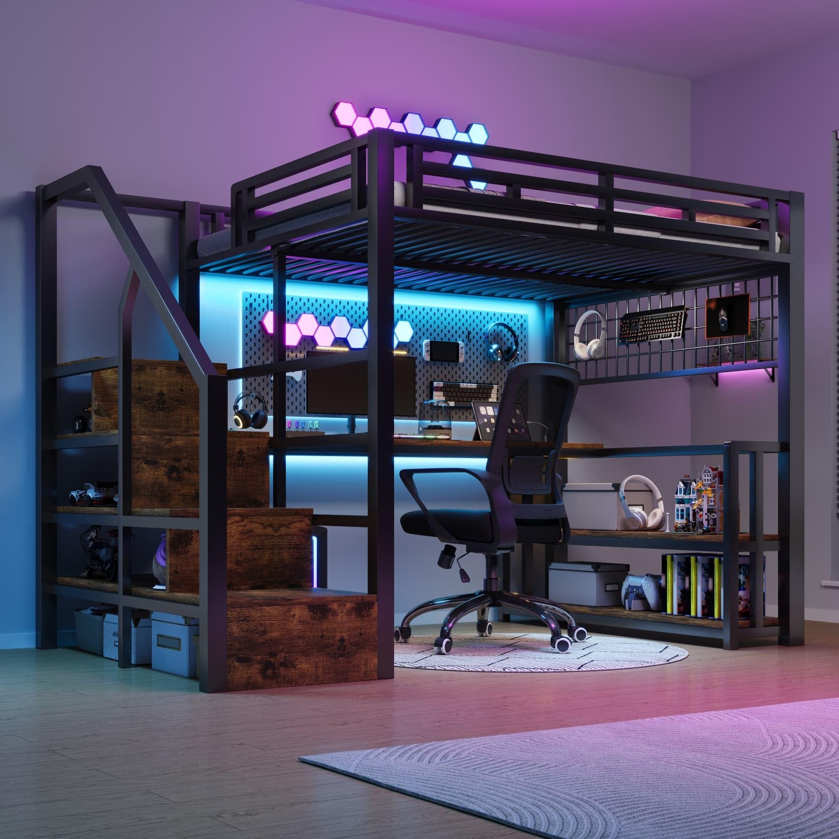 EURHCIO Lit Mezzanine 2 Places 140x200cm,Lit 2 Personnes avec Bureau,Éclairage LED Réglable,Ports USB,Organiseur en Treillis,Étagères Ouvertes,Étagères de Rangement,pour Ados (Noir, 140x200)