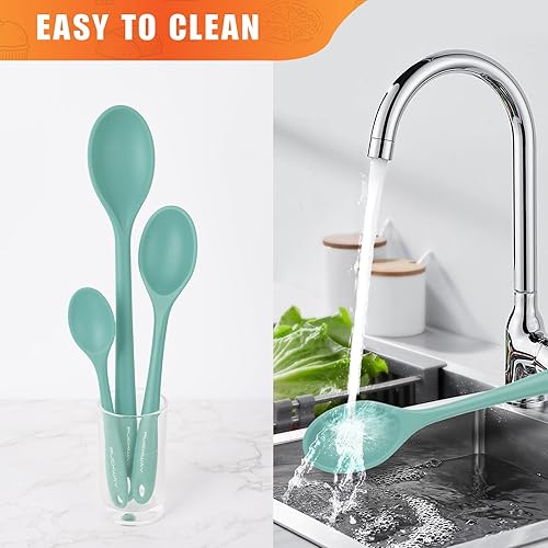 Miniatura 4 de Juego de 3 cucharas de silicona de 7.9, 10.6 y 14.2 pulgadas para cocinar, cucharas de cocina resistentes al calor para mezclar, remover y servir,